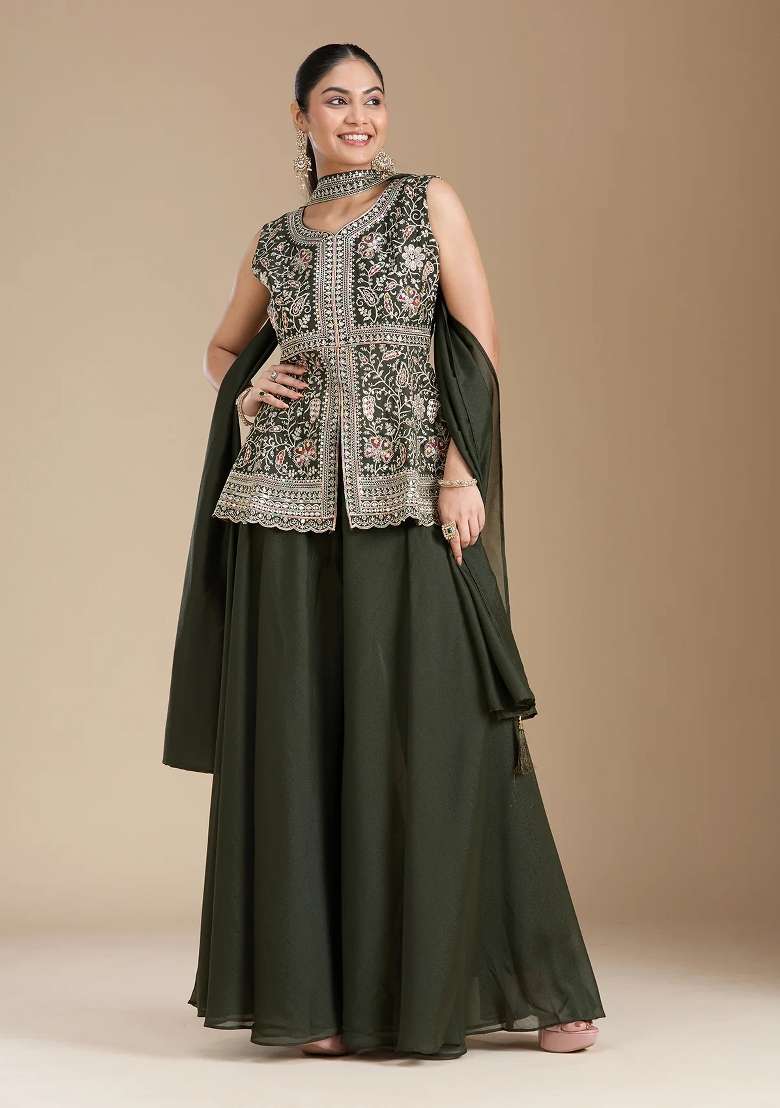 Mehendi Thread Work Georgette Salwar Suit - Indya