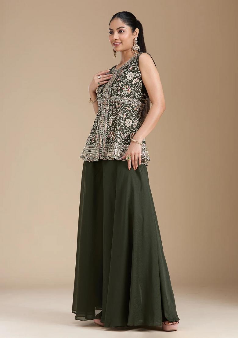 Mehendi Thread Work Georgette Salwar Suit - Indya