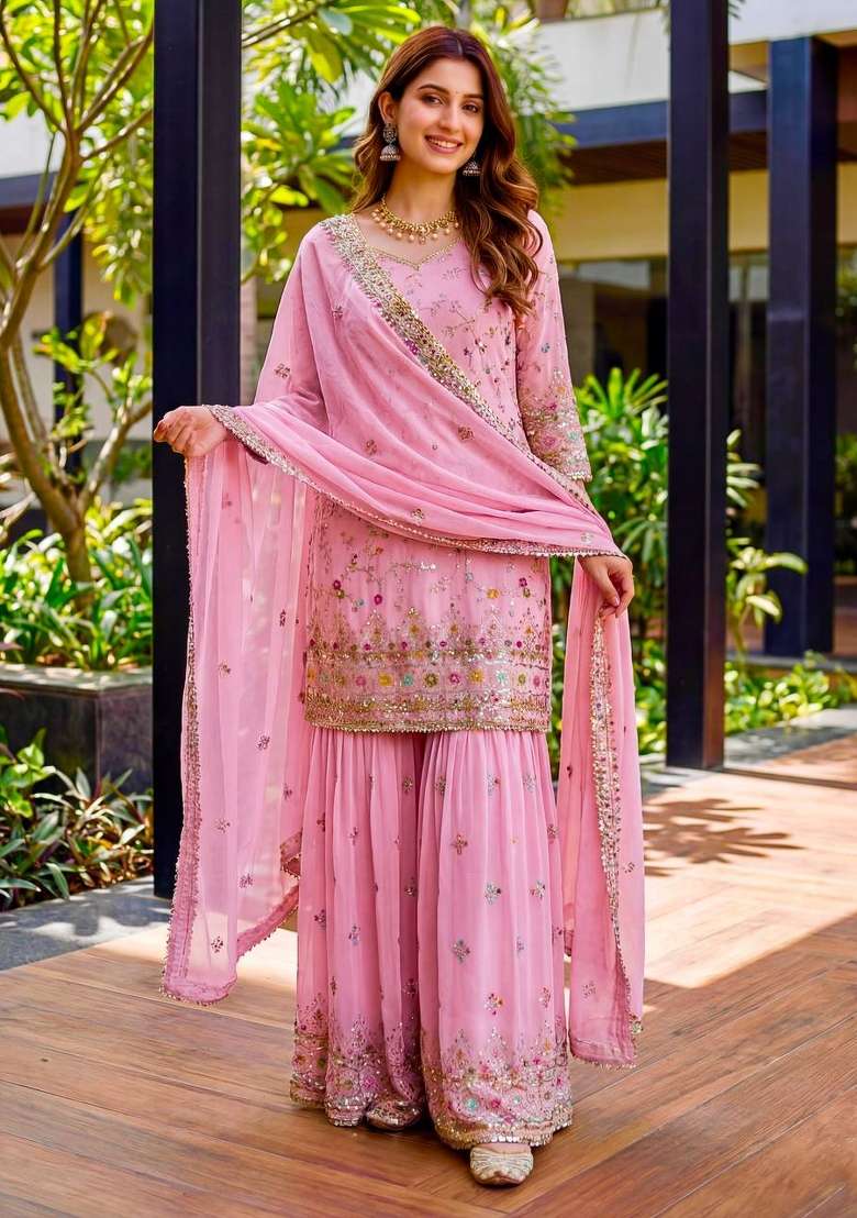Pink Embroidery Georgette Salwar Suit - Indya