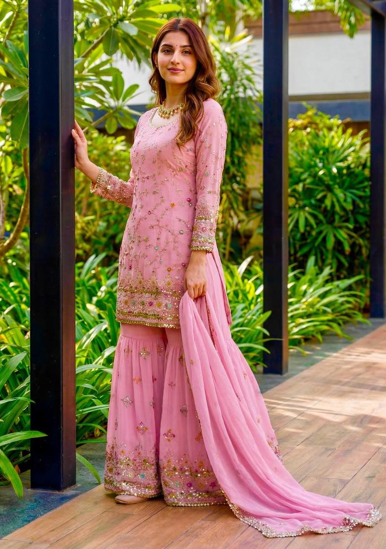 Pink Embroidery Georgette Salwar Suit - Indya