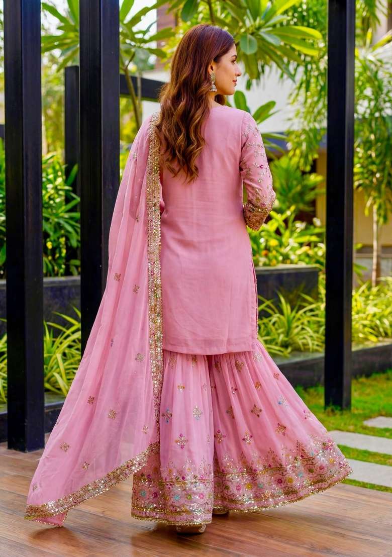 Pink Embroidery Georgette Salwar Suit - Indya