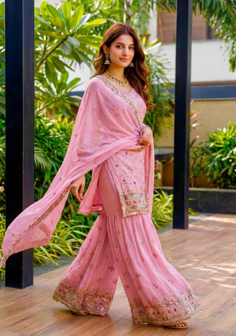 Pink Embroidery Georgette Salwar Suit - Indya