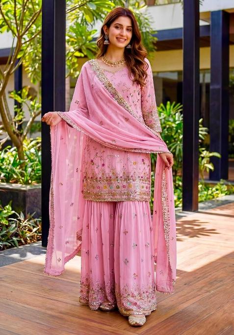 Pink Embroidery Georgette Salwar Suit — view on Indya