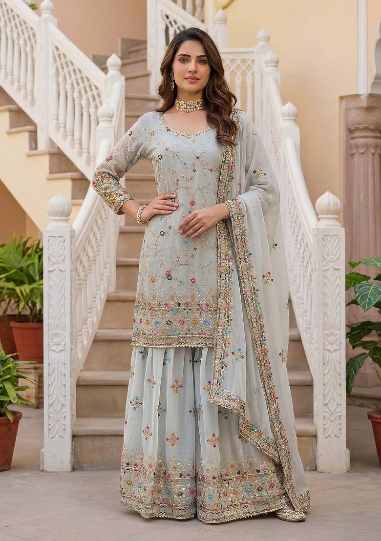 Grey Embroidery Georgette Salwar Suit - Indya