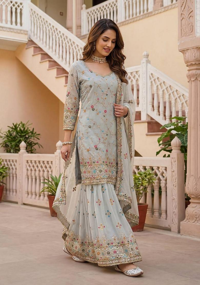 Grey Embroidery Georgette Salwar Suit - Indya