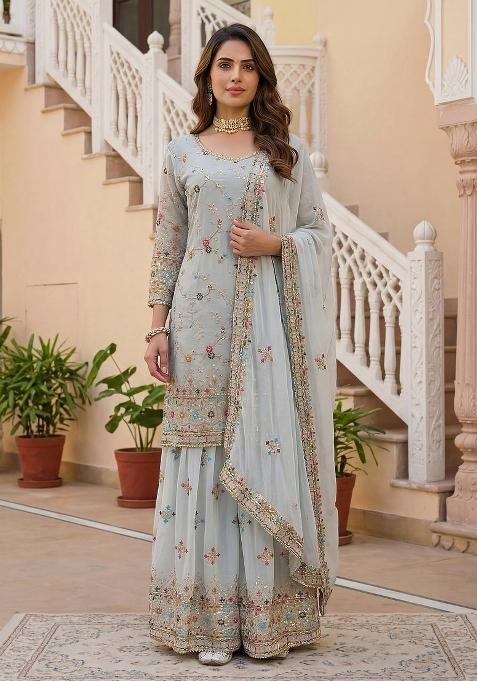 Grey Embroidery Georgette Salwar Suit