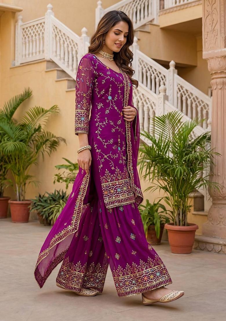 Wine Embroidery Georgette Salwar Suit - Indya