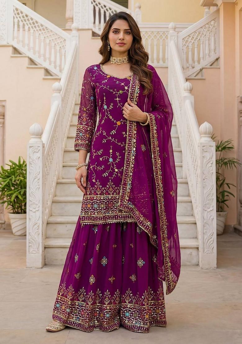 Wine Embroidery Georgette Salwar Suit - Indya