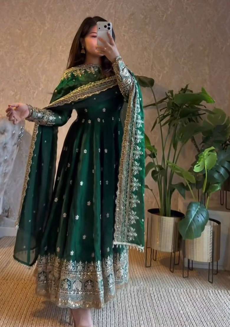 Green Embroidery Satin Salwar Suit - Indya