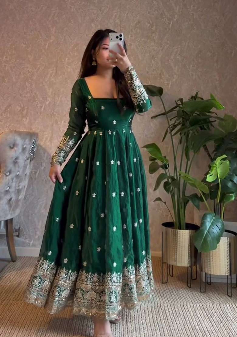 Green Embroidery Satin Salwar Suit - Indya