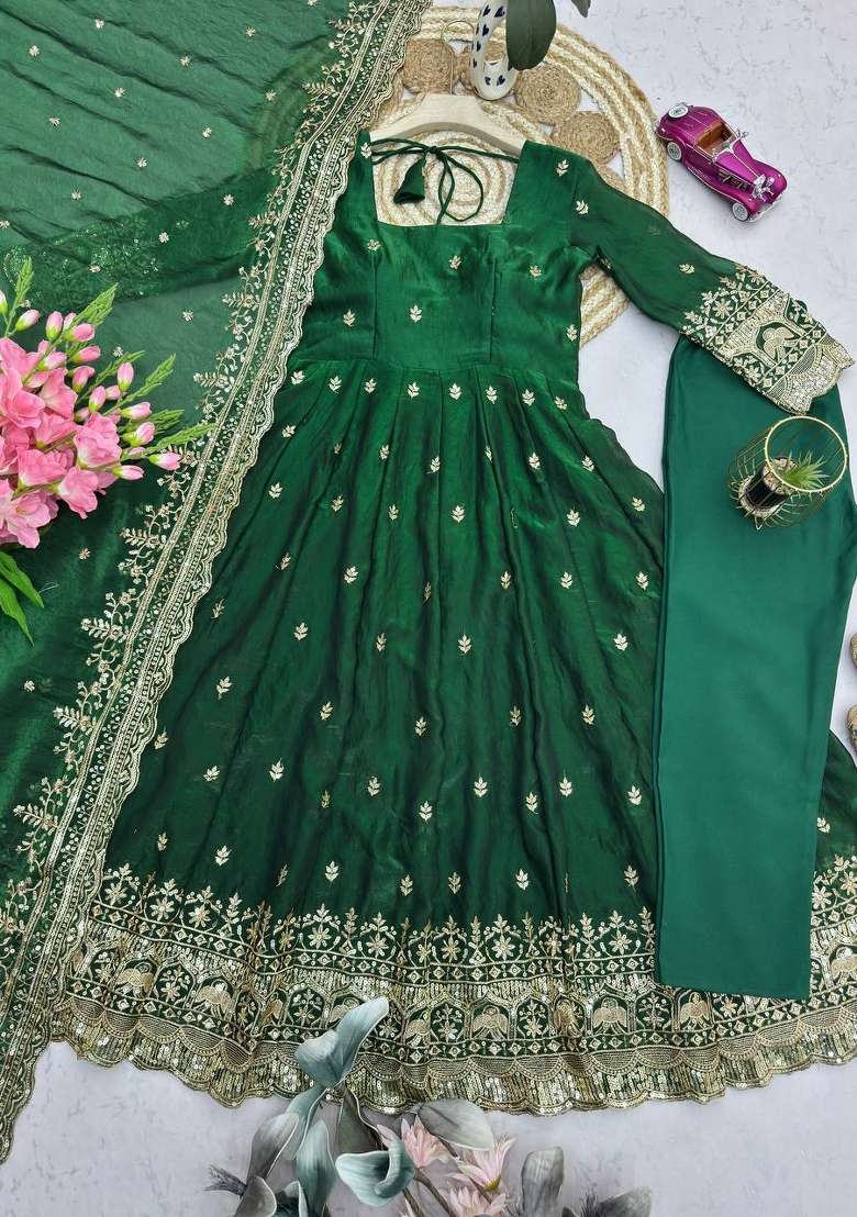 Green Embroidery Satin Salwar Suit - Indya