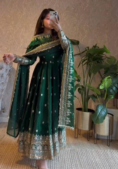 Green Embroidery Satin Salwar Suit — view on Indya