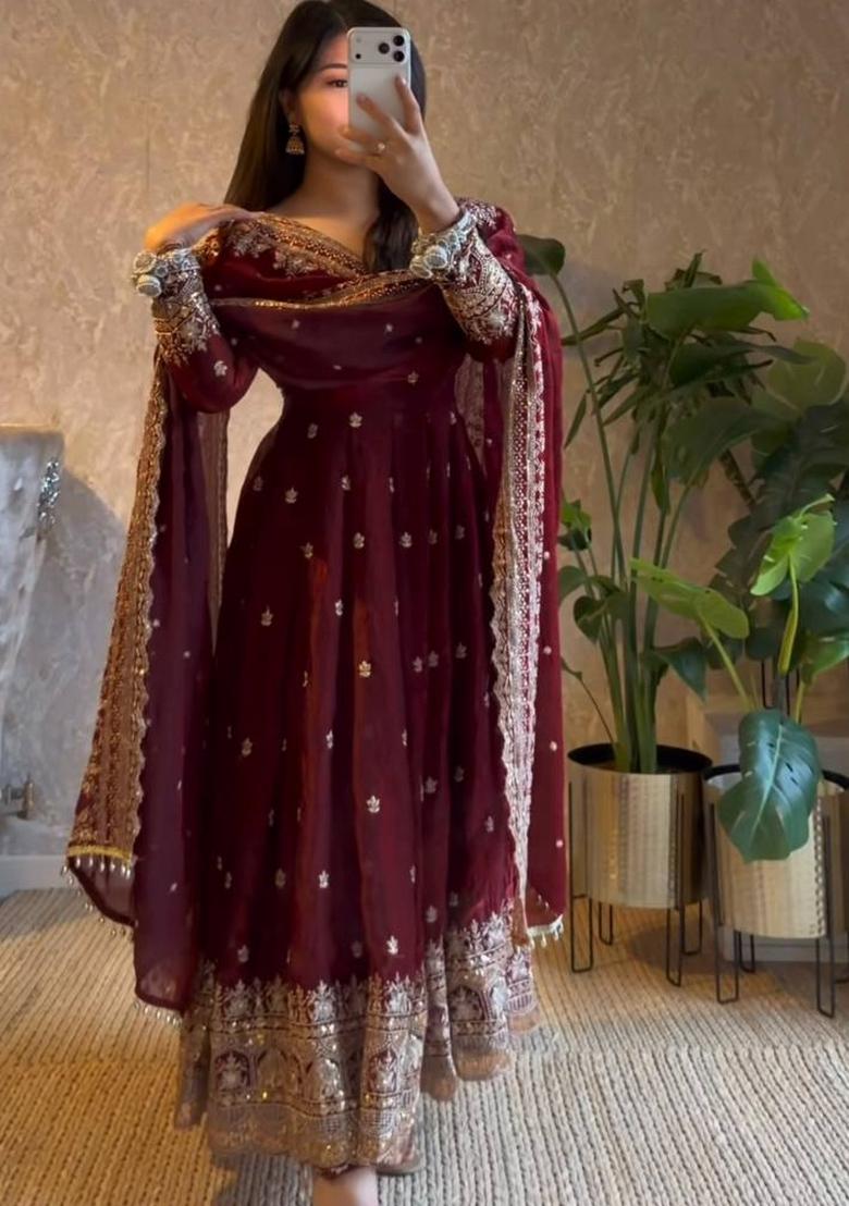 Maroon Embroidery Satin Salwar Suit - Indya