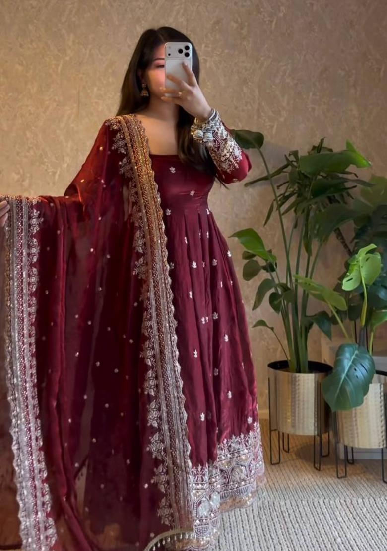 Maroon Embroidery Satin Salwar Suit - Indya