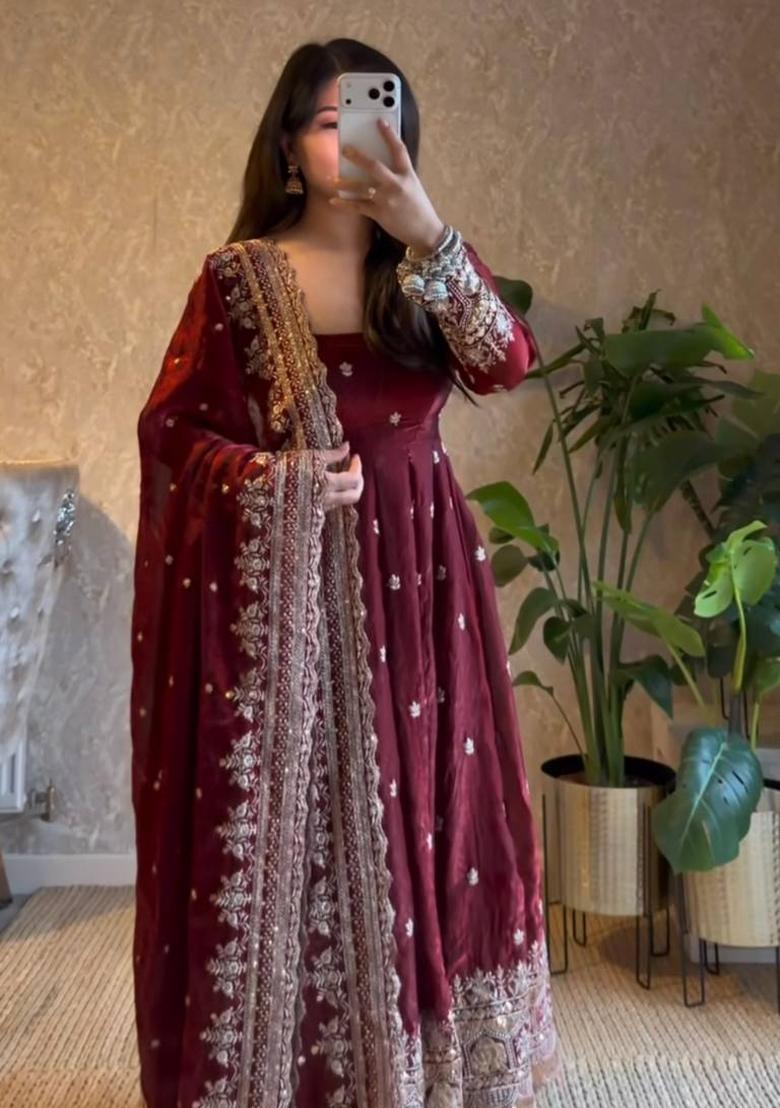 Maroon Embroidery Satin Salwar Suit - Indya