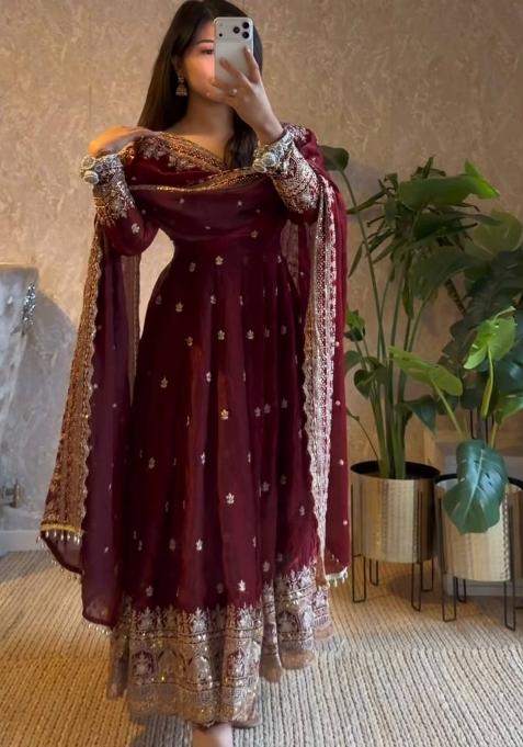 Maroon Embroidery Satin Salwar Suit — view on Indya