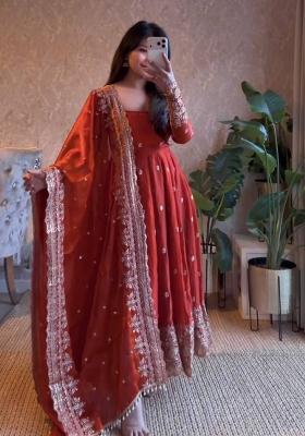 Orange Embroidery Satin Salwar Suit