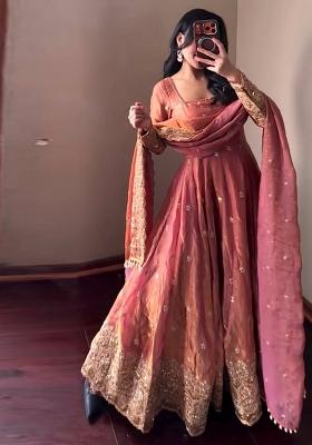 Peach Embroidery Satin Salwar Suit