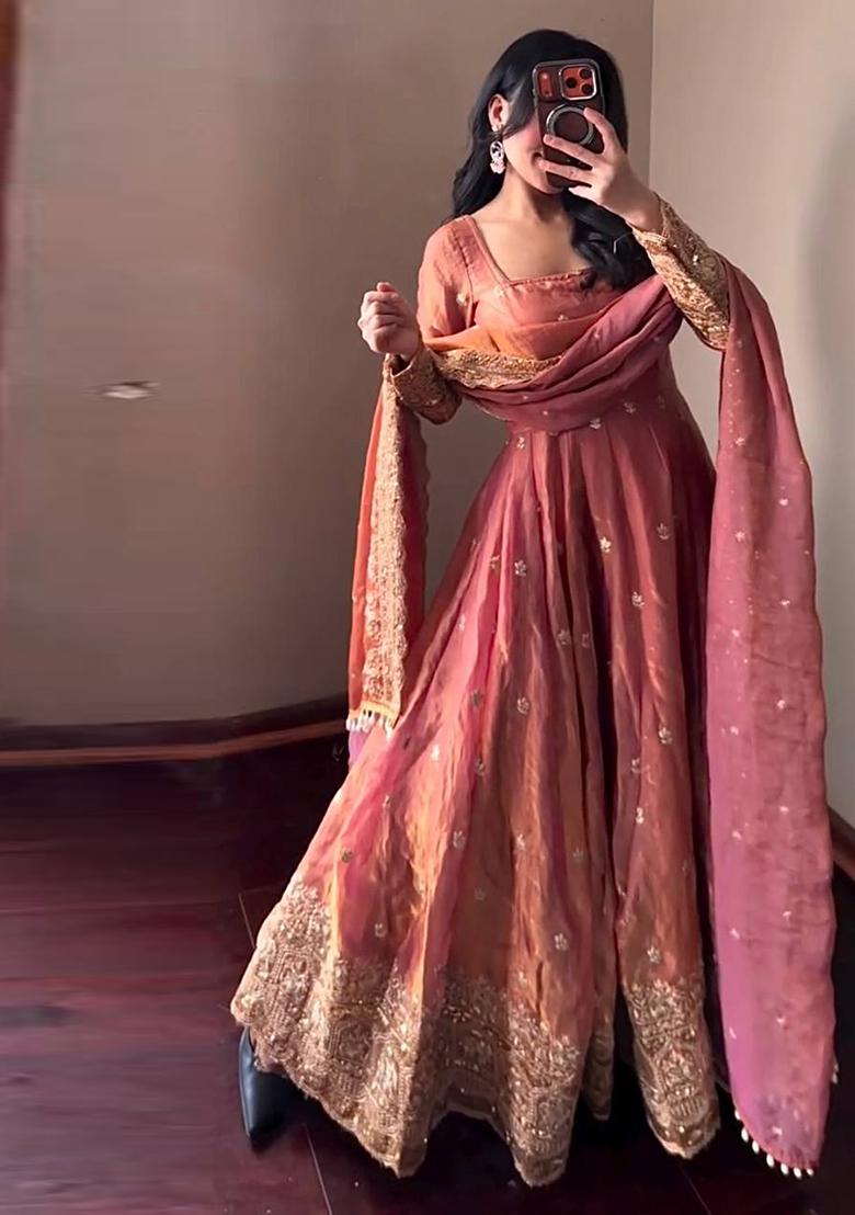 Peach Embroidery Satin Salwar Suit - Indya
