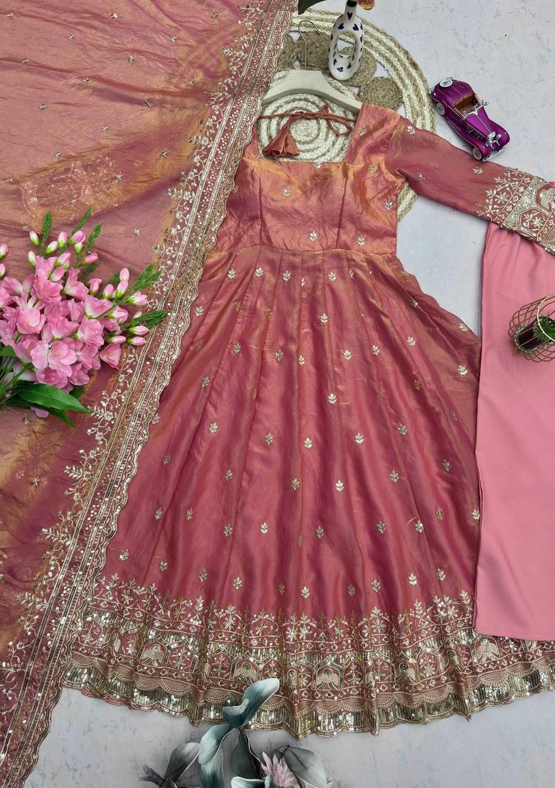 Peach Embroidery Satin Salwar Suit - Indya