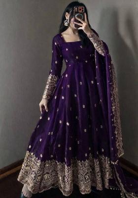 Purple Embroidery Satin Salwar Suit