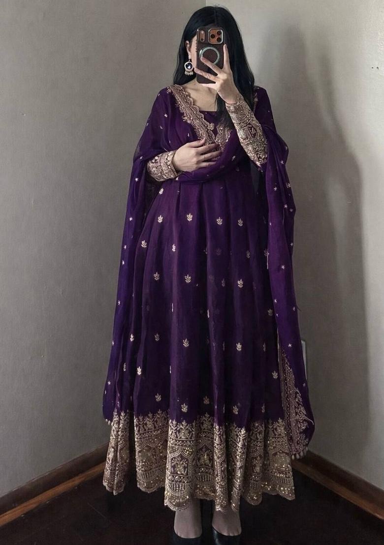 Purple Embroidery Satin Salwar Suit - Indya