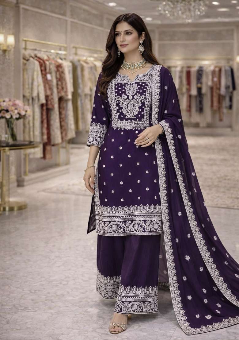 Purple Embroidery Satin Salwar Suit - Indya