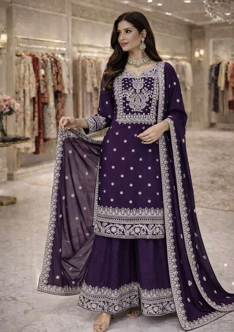 Purple Embroidery Satin Salwar Suit - Indya