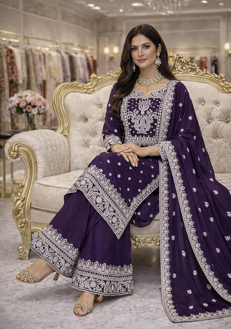 Purple Embroidery Satin Salwar Suit - Indya