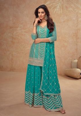 Sky Blue Embroidery Silk Salwar Kameez