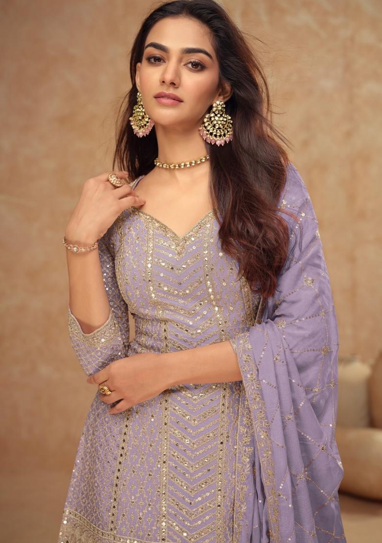 Lavender Embroidery Silk Salwar Kameez - Indya