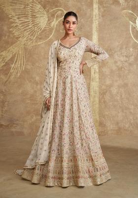 White Embroidery Georgette Anarkali With Dupatta