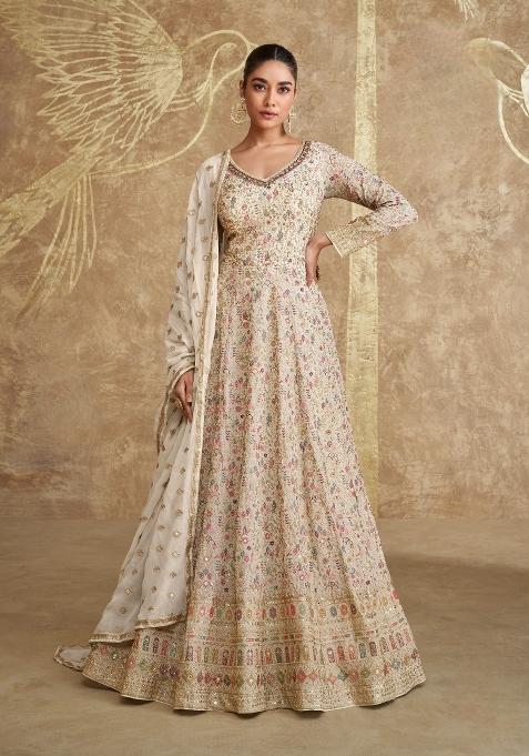 White Embroidery Georgette Anarkali With Dupatta