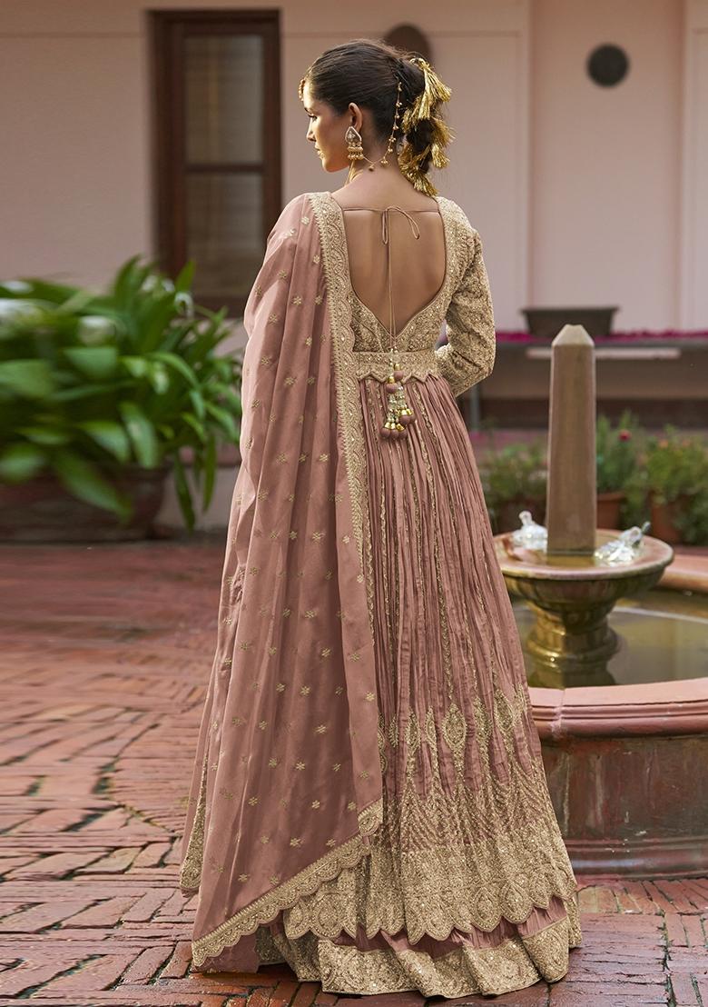 Olive Embroidery Silk Anarkali Set - Indya