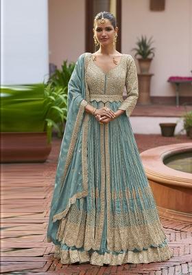 Blue Embroidery Silk Anarkali Set