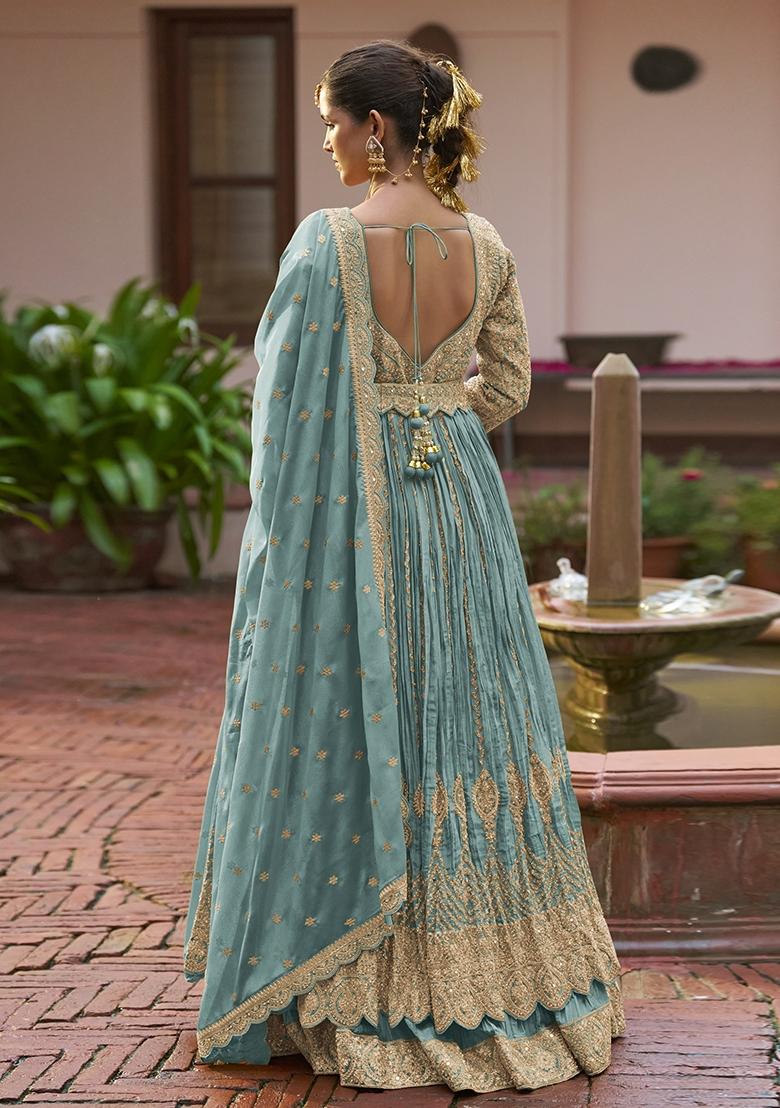 Blue Embroidery Silk Anarkali Set - Indya