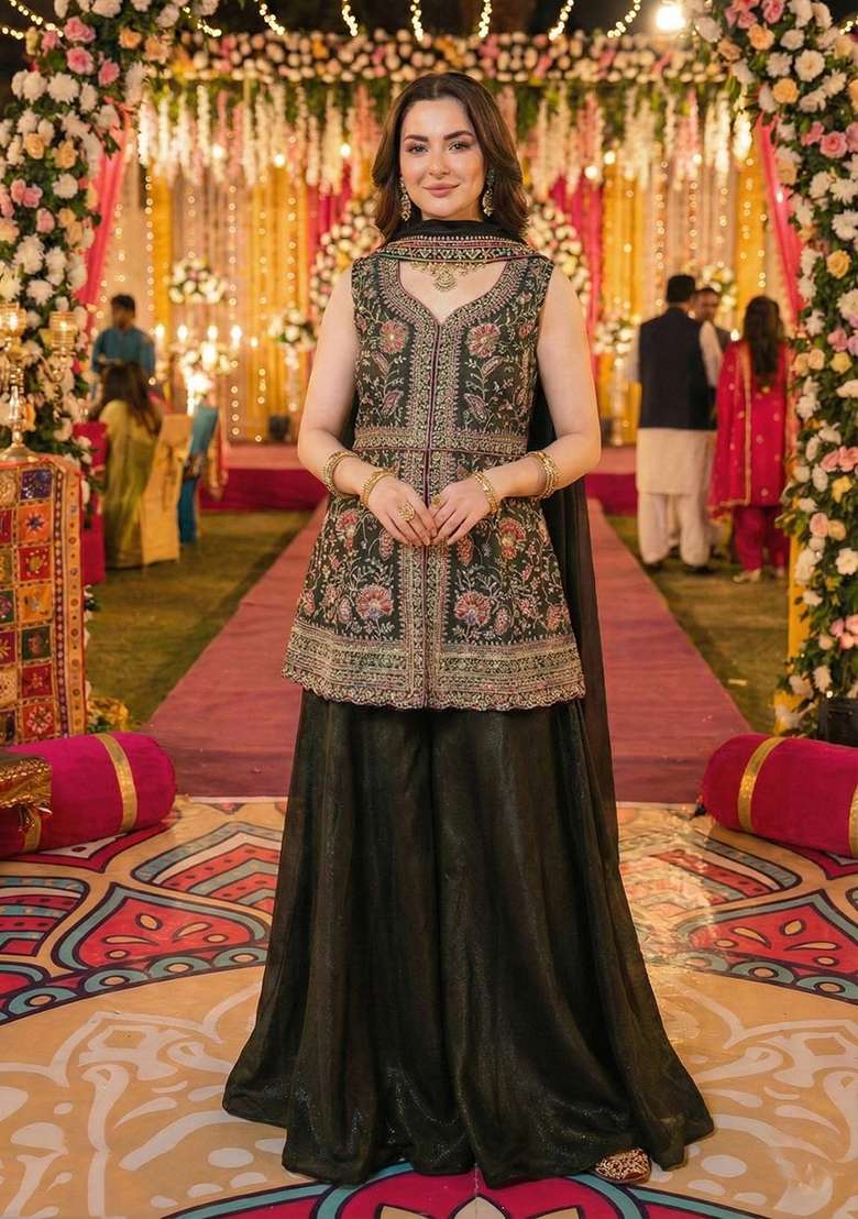 Mehendi Embroidery Georgette Sharara Set - Indya
