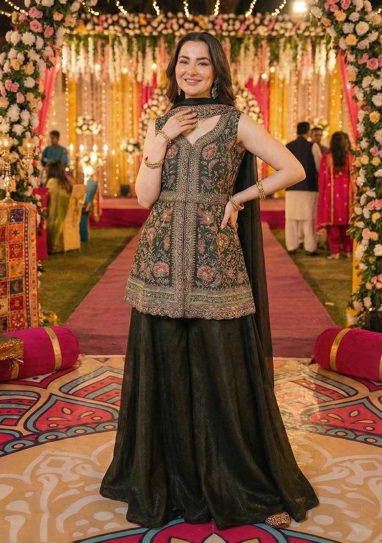 Mehendi Embroidery Georgette Sharara Set - Indya