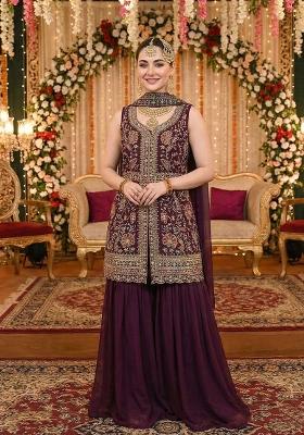 Maroon Embroidery Georgette Sharara Set