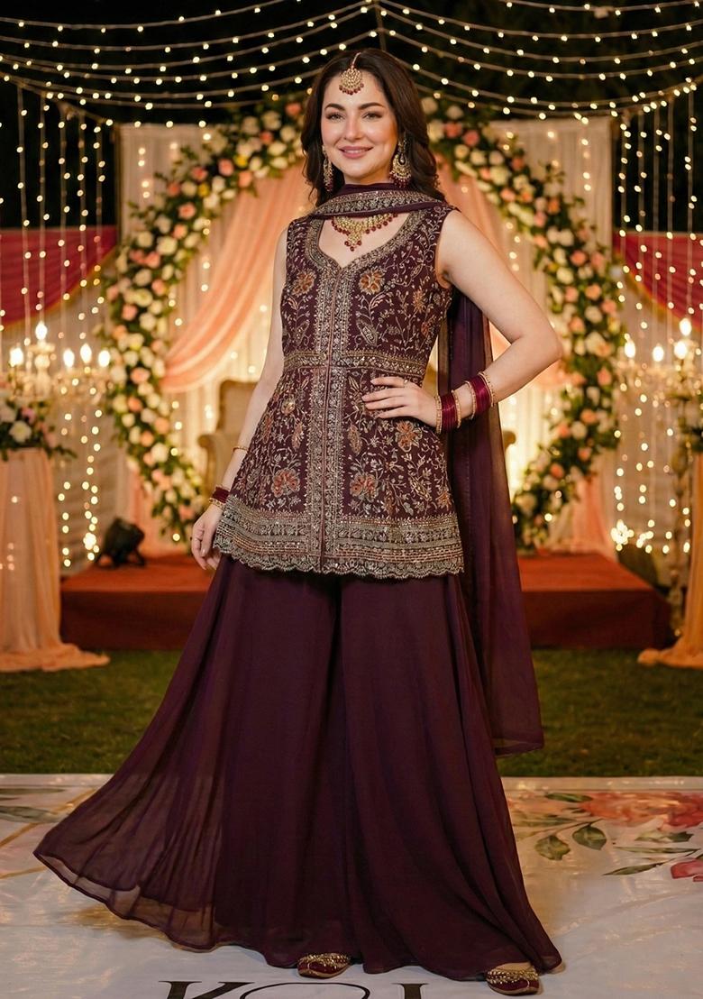 Maroon Embroidery Georgette Sharara Set - Indya