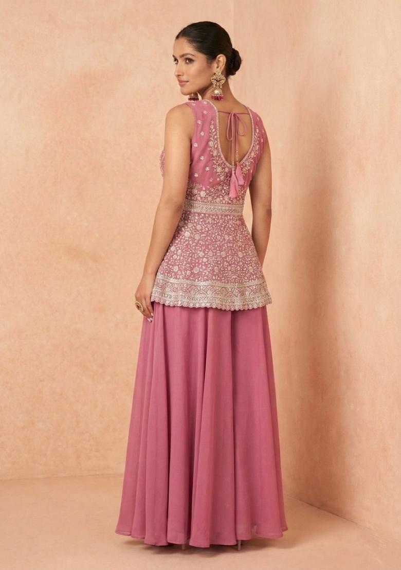Pink Embroidery Georgette Sharara Set - Indya