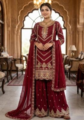 Maroon Embroidery Silk Sharara Set