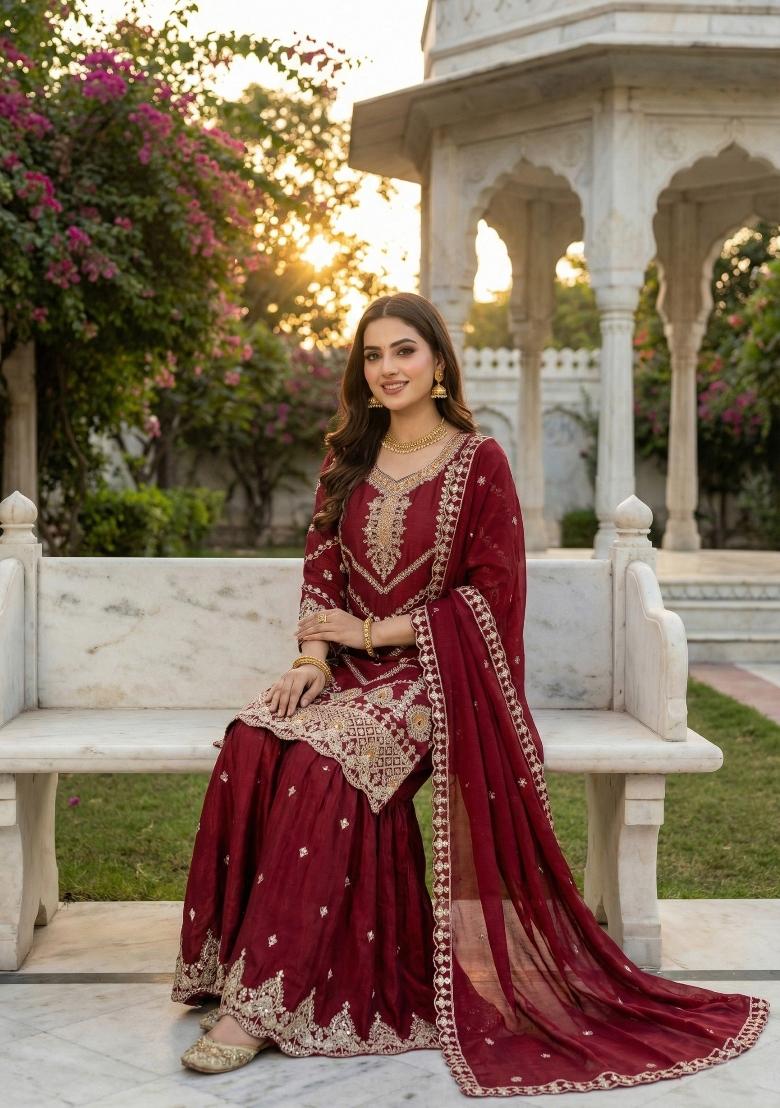 Maroon Embroidery Silk Sharara Set - Indya