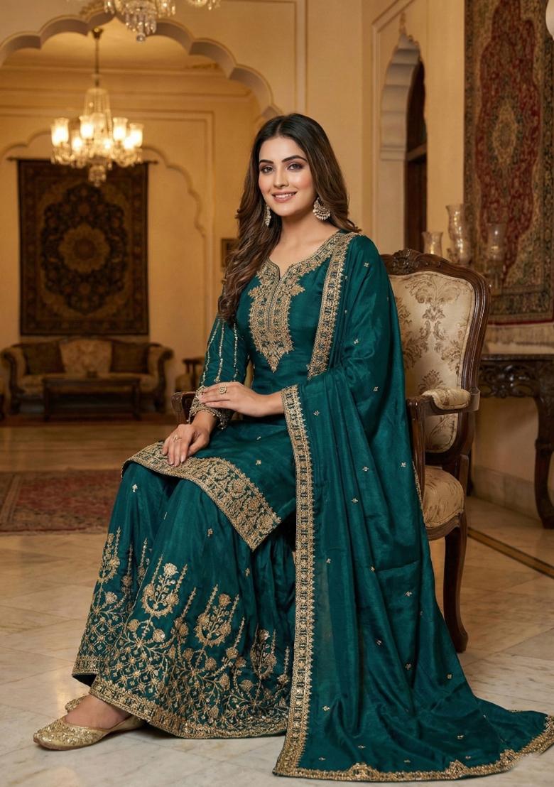 Dark Green Embroidery Silk Sharara Set - Indya
