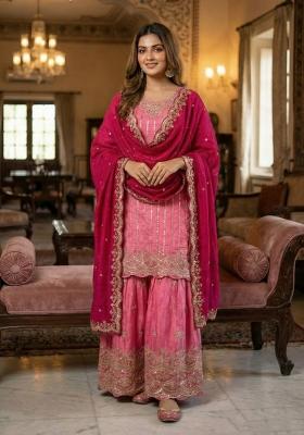 Pink Embroidery Silk Sharara Set