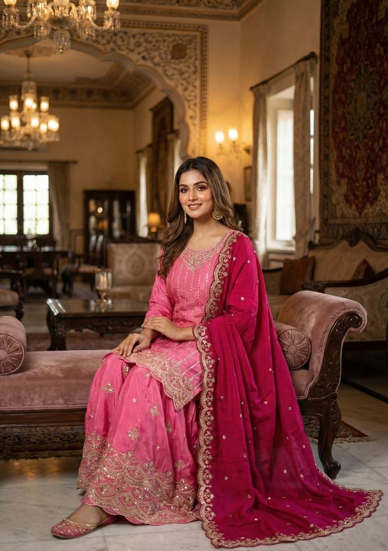 Pink Embroidery Silk Sharara Set - Indya