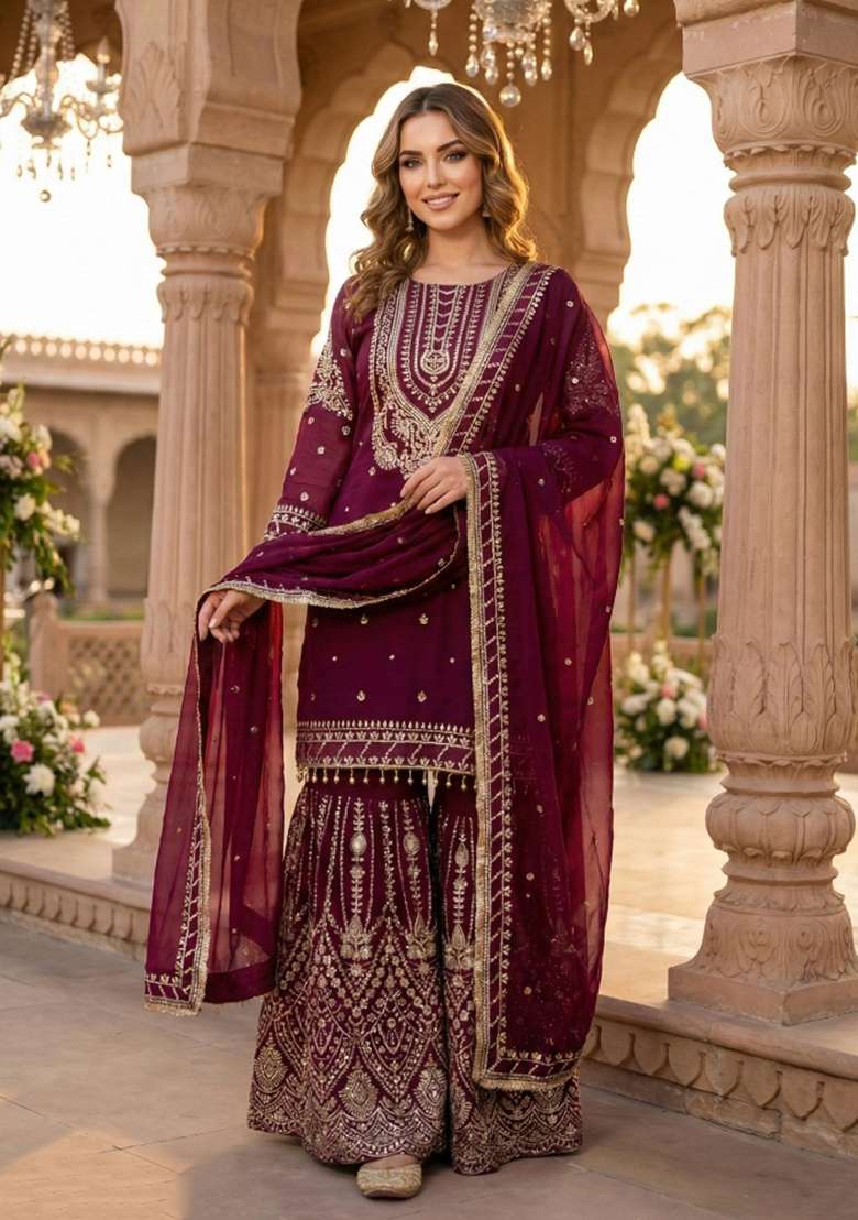 Maroon Embroidery Georgette Sharara Set - Indya