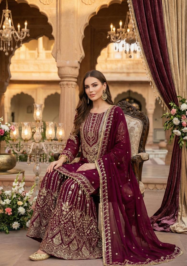 Maroon Embroidery Georgette Sharara Set - Indya