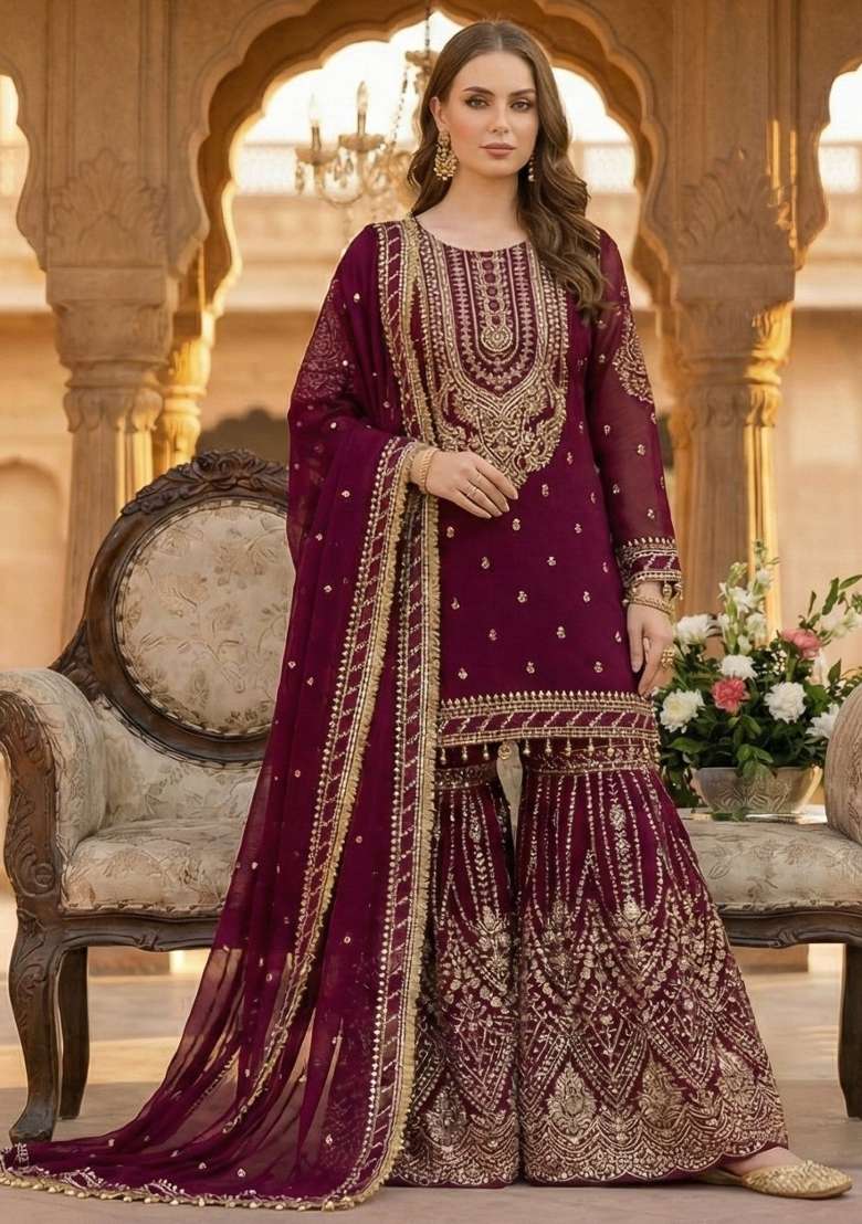 Maroon Embroidery Georgette Sharara Set - Indya