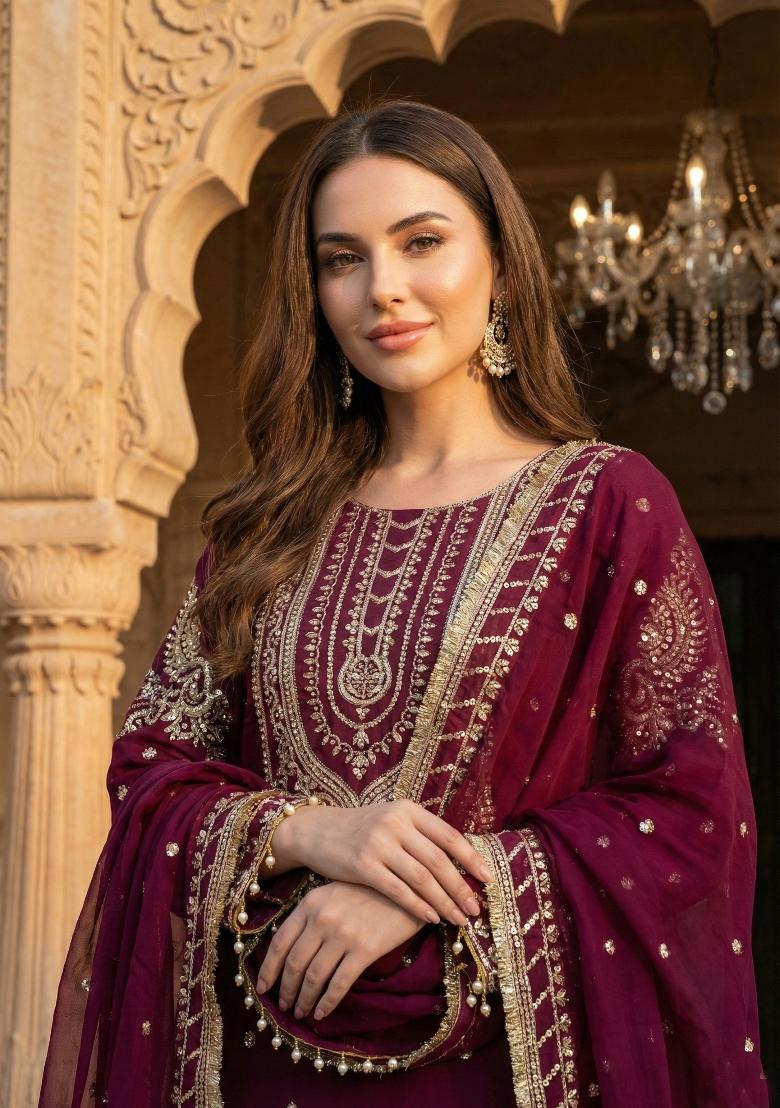 Maroon Embroidery Georgette Sharara Set - Indya